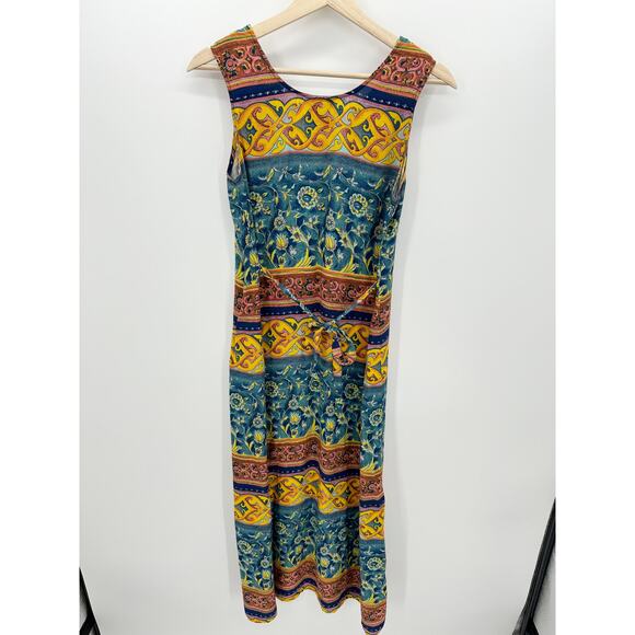 Gabrielle 90s Maxi Dress Sleeveless Tie Scoop Neck Artsy Colorful Rayon Medium - Picture 2 of 6